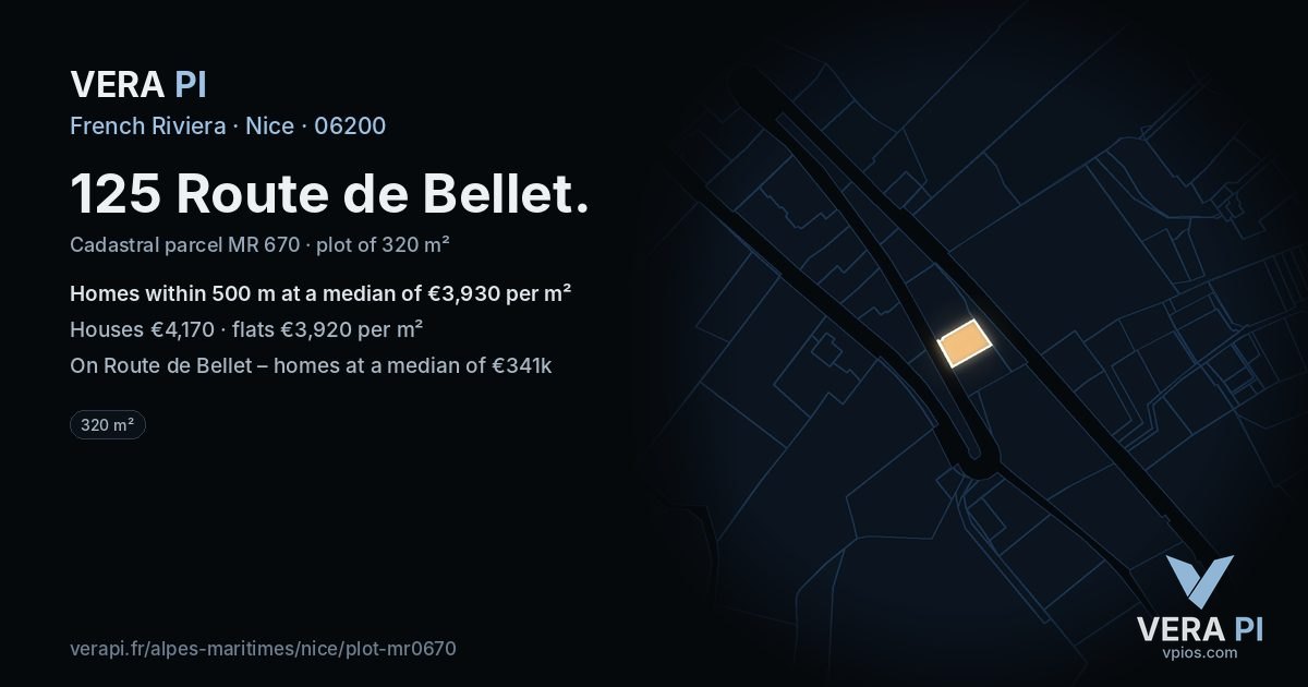 125 Route de Bellet, Nice at night – the plot lit, the parcels around coloured by the prices near them
