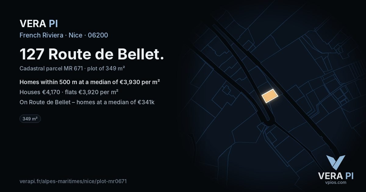 127 Route de Bellet, Nice at night – the plot lit, the parcels around coloured by the prices near them
