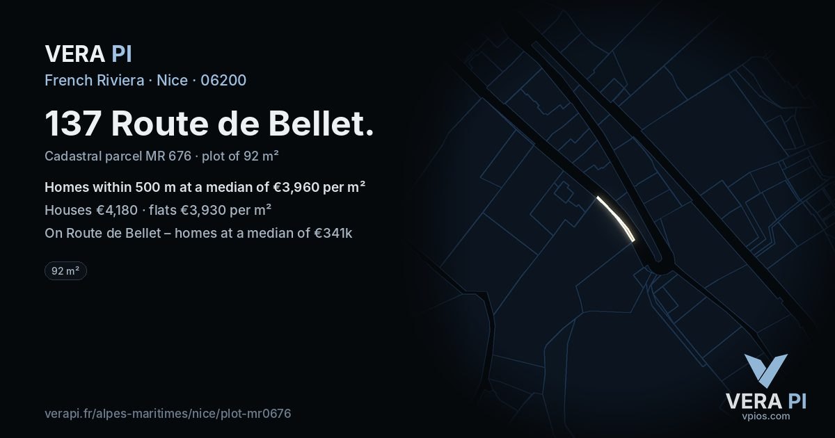 137 Route de Bellet, Nice at night – the plot lit, the parcels around coloured by the prices near them