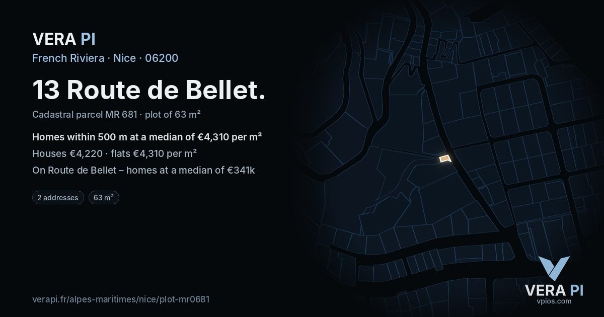 13 Route de Bellet, Nice at night – the plot lit, the parcels around coloured by the prices near them