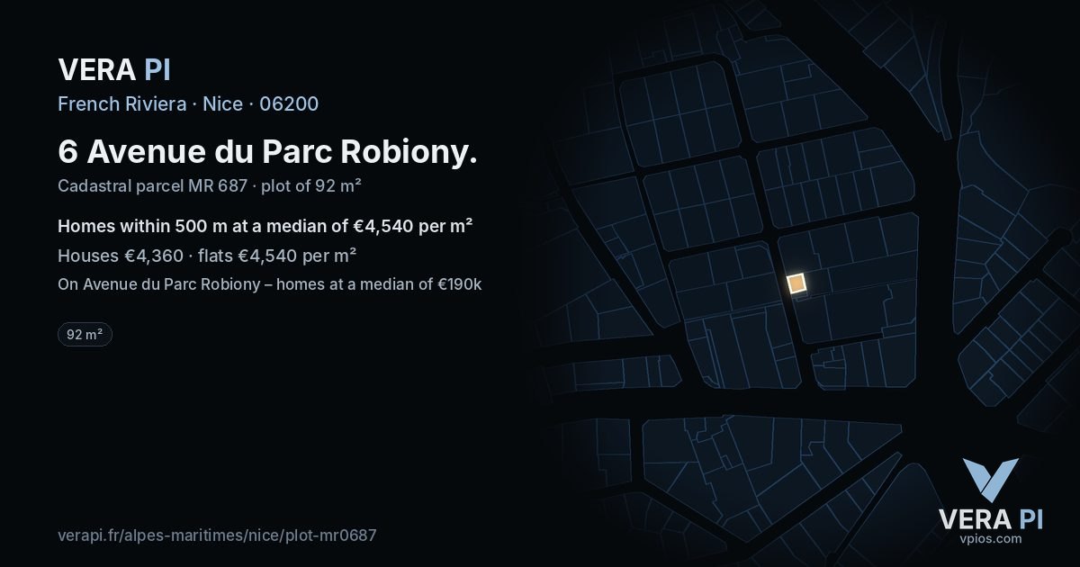 6 Avenue du Parc Robiony, Nice at night – the plot lit, the parcels around coloured by the prices near them