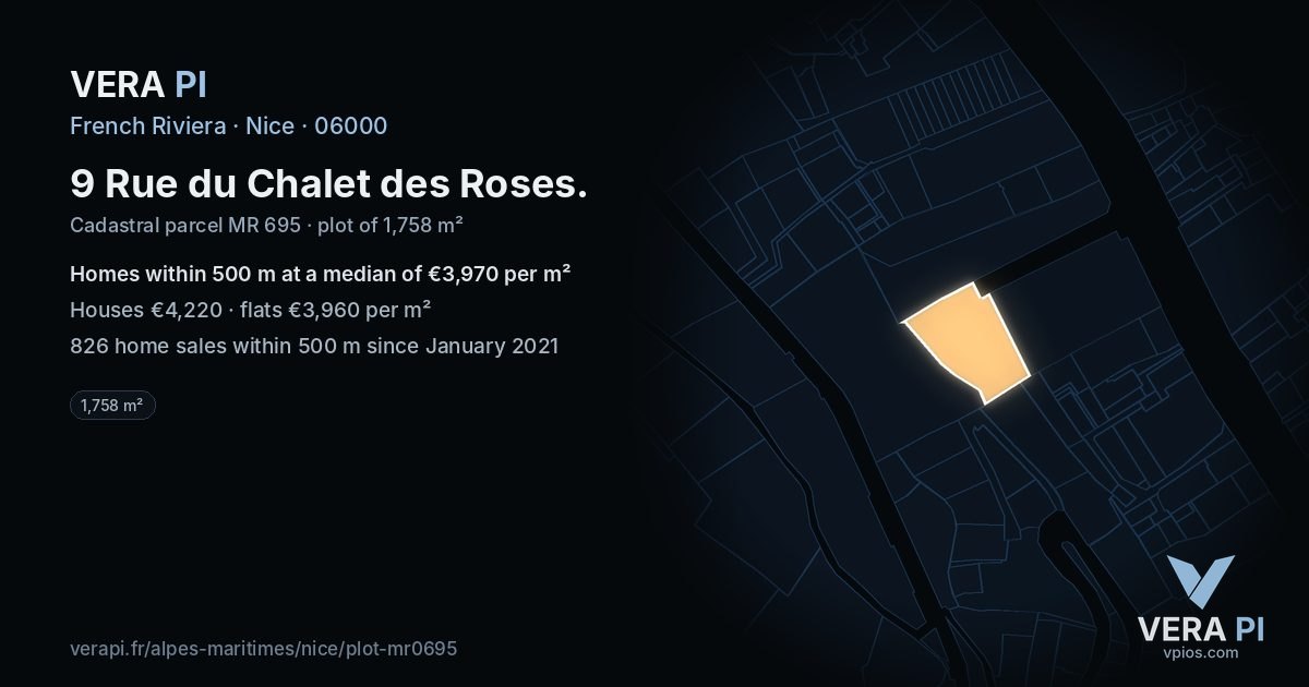 9 Rue du Chalet des Roses, Nice at night – the plot lit, the parcels around coloured by the prices near them