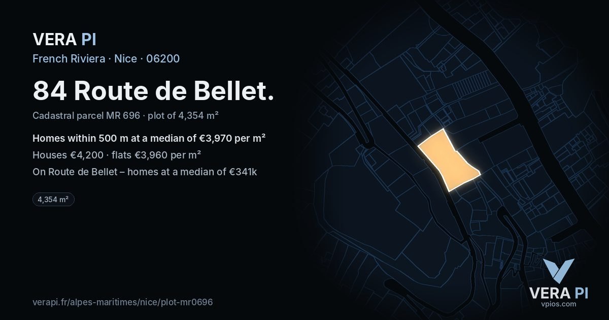 84 Route de Bellet, Nice at night – the plot lit, the parcels around coloured by the prices near them