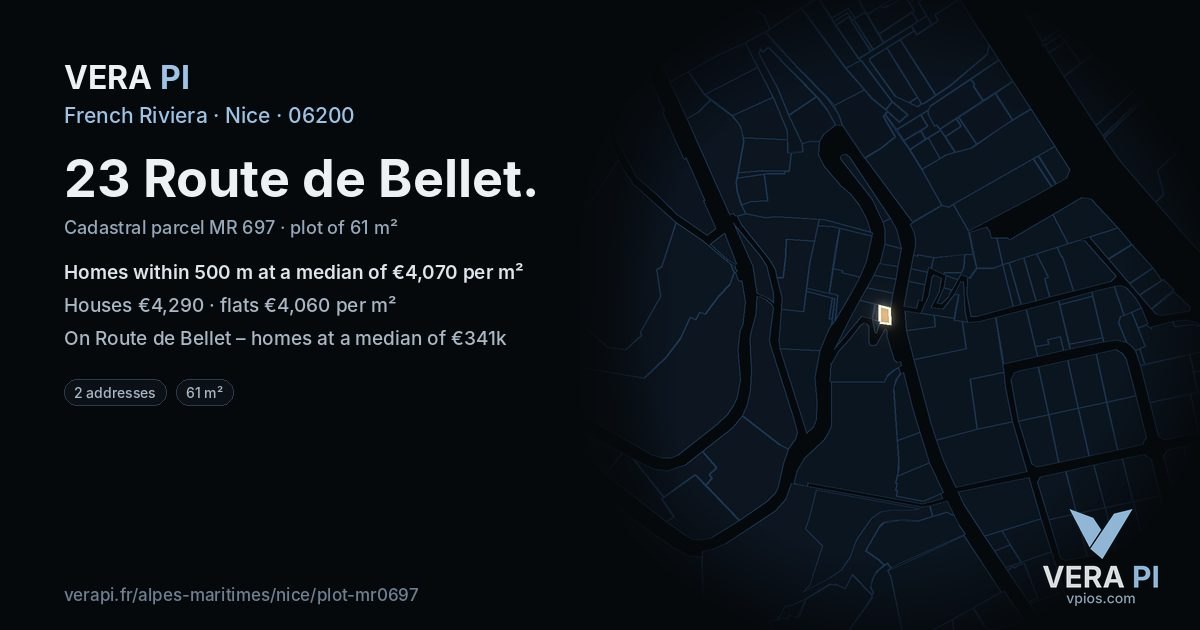 23 Route de Bellet, Nice at night – the plot lit, the parcels around coloured by the prices near them