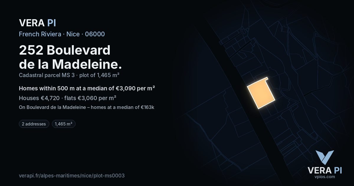 252 Boulevard de la Madeleine, Nice at night – the plot lit, the parcels around coloured by the prices near them