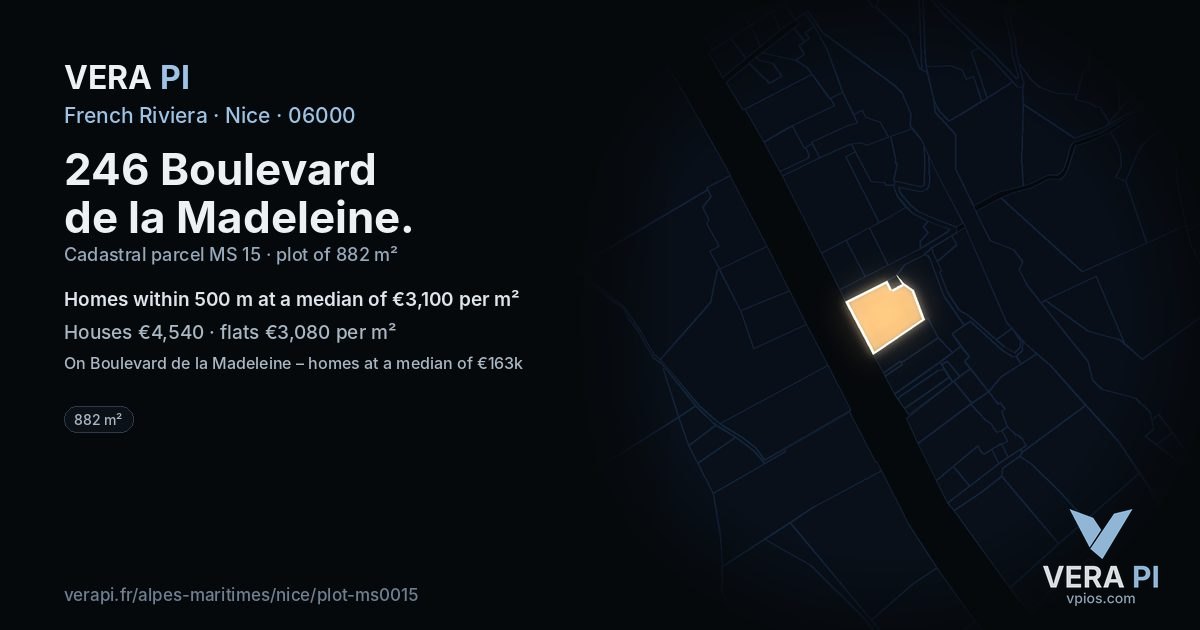 246 Boulevard de la Madeleine, Nice at night – the plot lit, the parcels around coloured by the prices near them