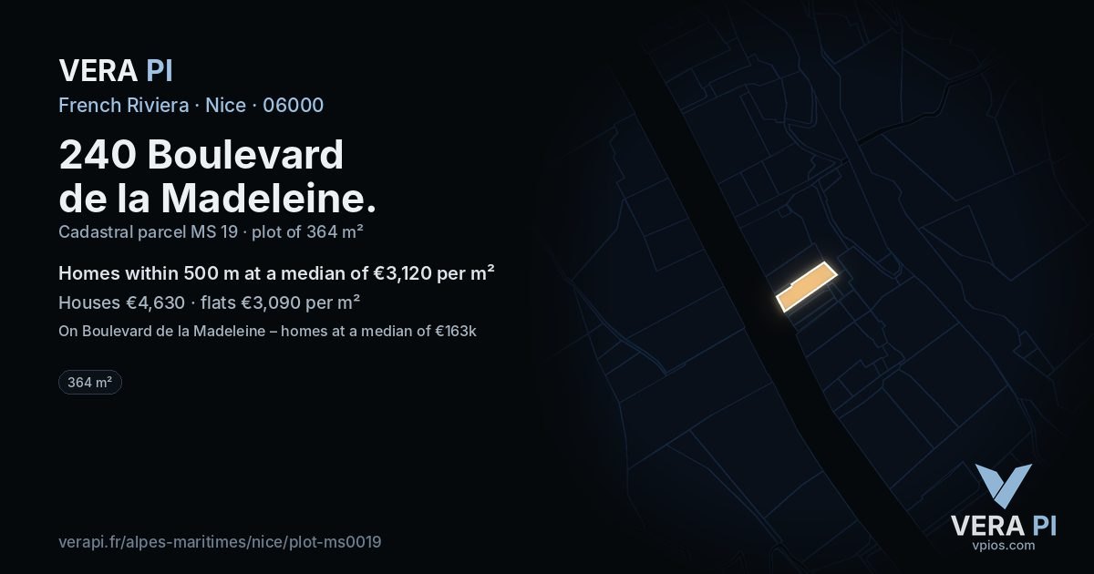 240 Boulevard de la Madeleine, Nice at night – the plot lit, the parcels around coloured by the prices near them