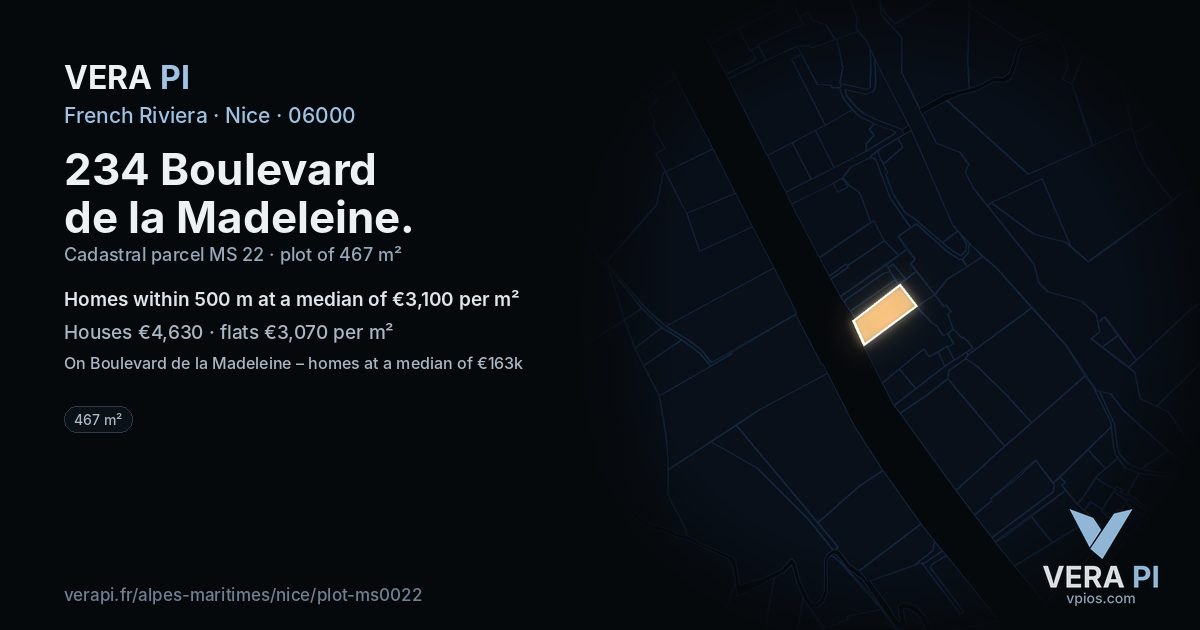 234 Boulevard de la Madeleine, Nice at night – the plot lit, the parcels around coloured by the prices near them