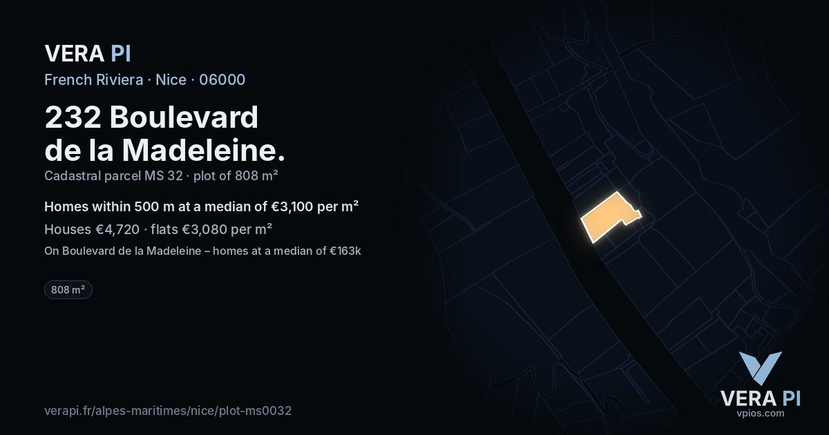 232 Boulevard de la Madeleine, Nice at night – the plot lit, the parcels around coloured by the prices near them