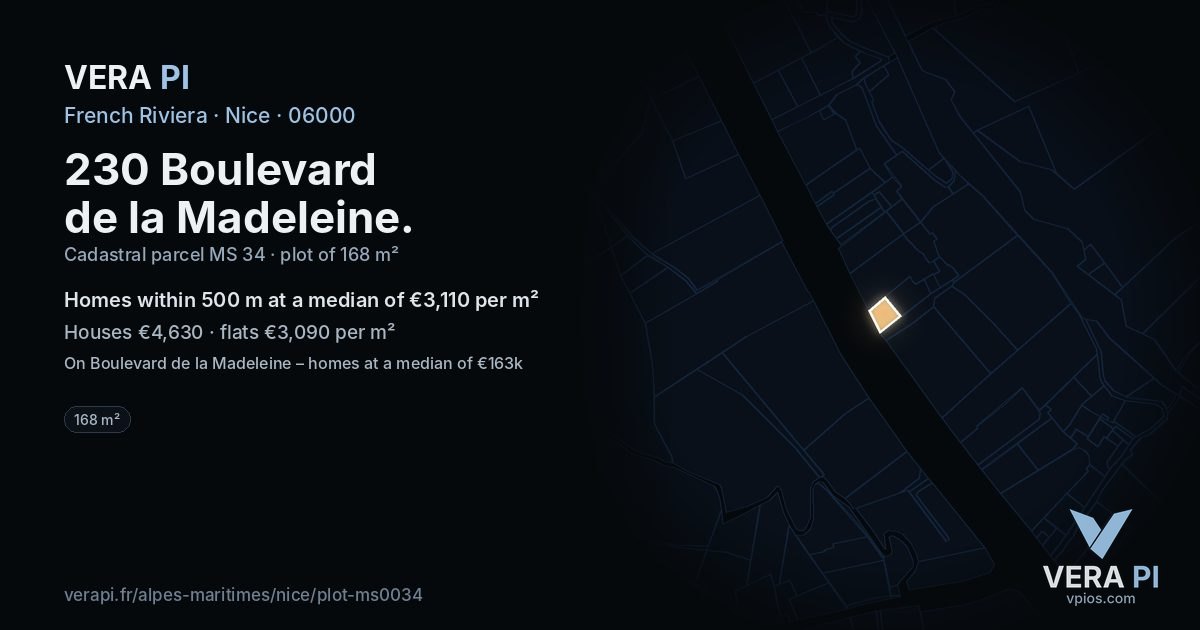 230 Boulevard de la Madeleine, Nice at night – the plot lit, the parcels around coloured by the prices near them