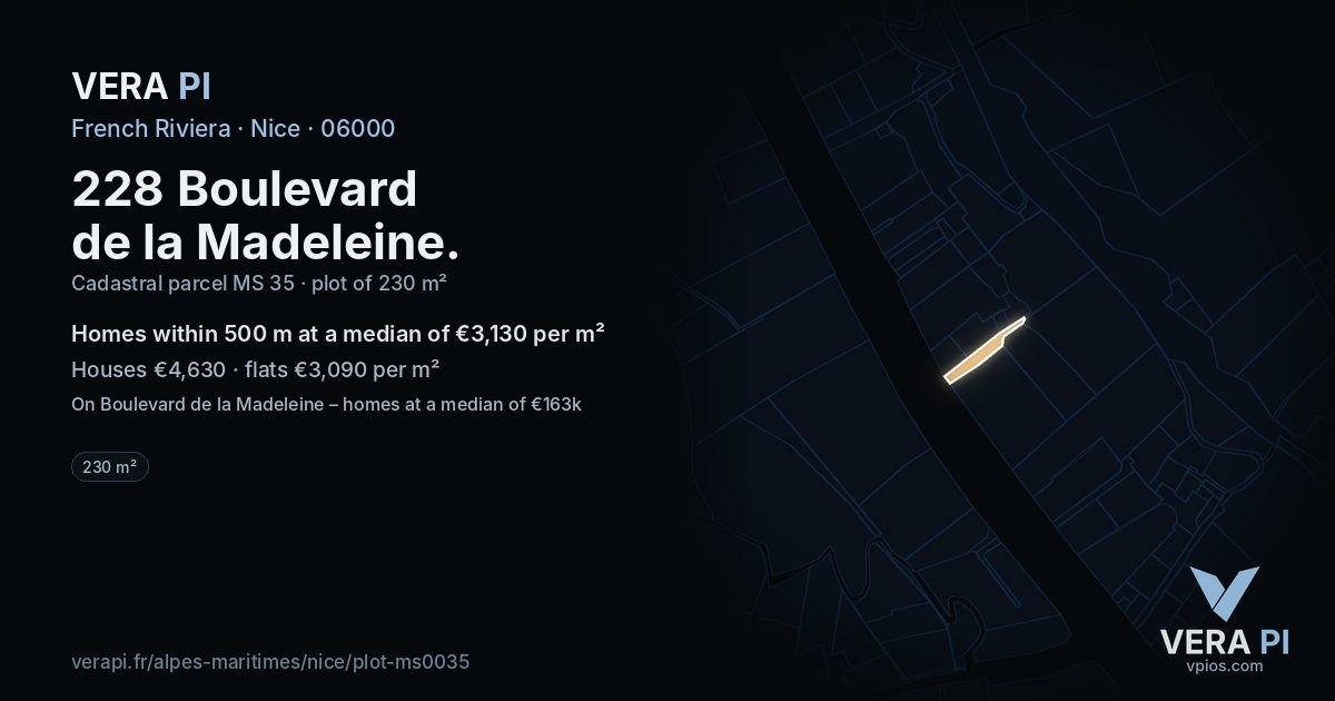 228 Boulevard de la Madeleine, Nice at night – the plot lit, the parcels around coloured by the prices near them
