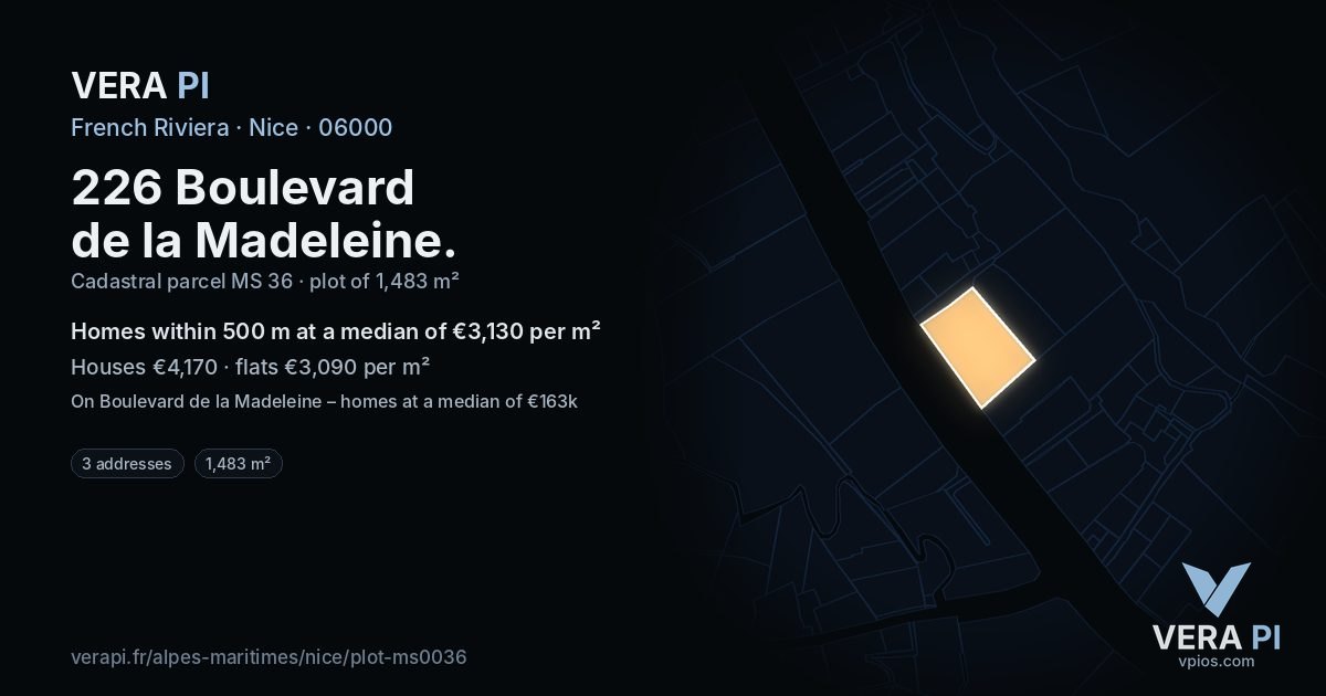 226 Boulevard de la Madeleine, Nice at night – the plot lit, the parcels around coloured by the prices near them