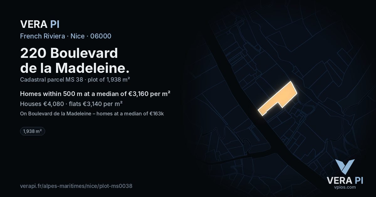 220 Boulevard de la Madeleine, Nice at night – the plot lit, the parcels around coloured by the prices near them