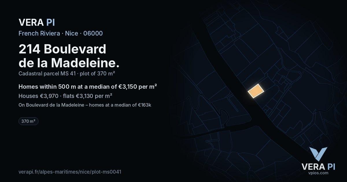 214 Boulevard de la Madeleine, Nice at night – the plot lit, the parcels around coloured by the prices near them