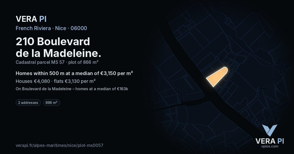210 Boulevard de la Madeleine, Nice at night – the plot lit, the parcels around coloured by the prices near them