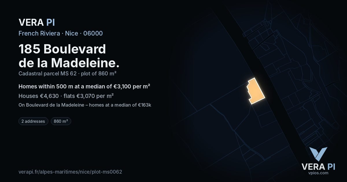 185 Boulevard de la Madeleine, Nice at night – the plot lit, the parcels around coloured by the prices near them