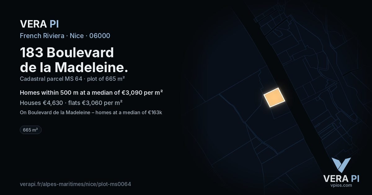 183 Boulevard de la Madeleine, Nice at night – the plot lit, the parcels around coloured by the prices near them