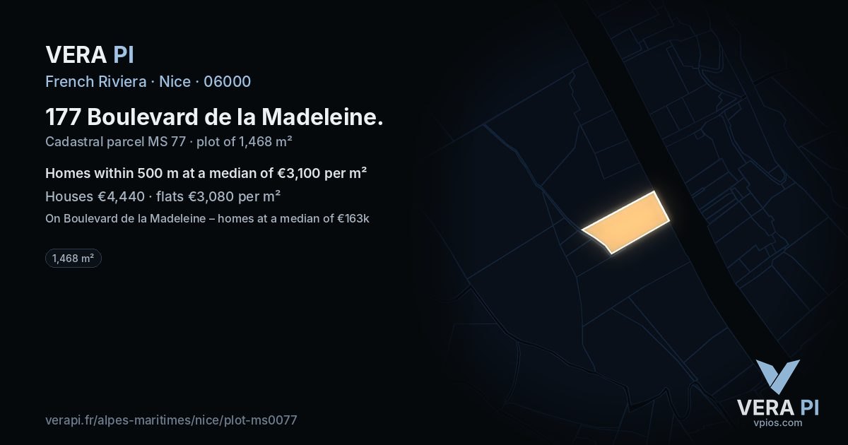 177 Boulevard de la Madeleine, Nice at night – the plot lit, the parcels around coloured by the prices near them