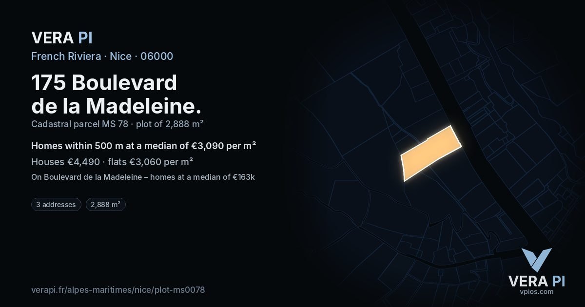 175 Boulevard de la Madeleine, Nice at night – the plot lit, the parcels around coloured by the prices near them