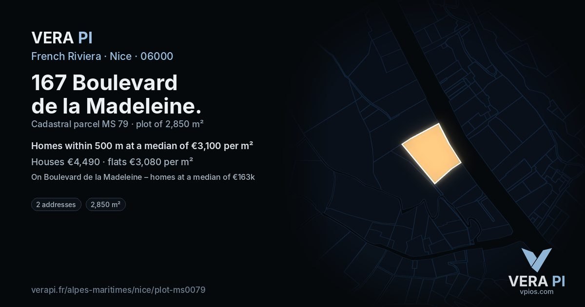 167 Boulevard de la Madeleine, Nice at night – the plot lit, the parcels around coloured by the prices near them