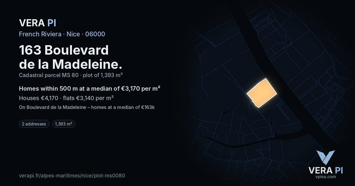 163 Boulevard de la Madeleine, Nice at night – the plot lit, the parcels around coloured by the prices near them