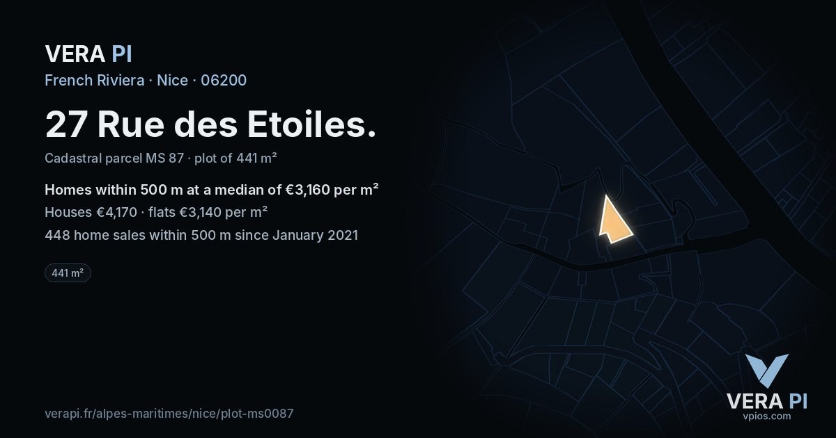 27 Rue des Etoiles, Nice at night – the plot lit, the parcels around coloured by the prices near them