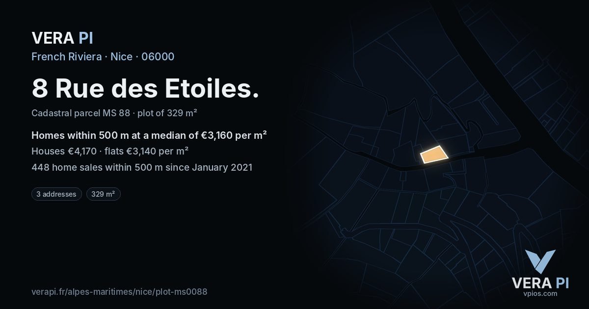 8 Rue des Etoiles, Nice at night – the plot lit, the parcels around coloured by the prices near them