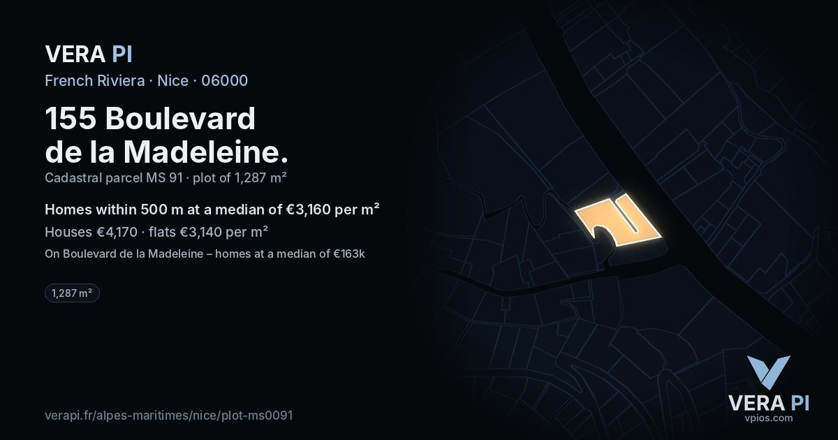 155 Boulevard de la Madeleine, Nice at night – the plot lit, the parcels around coloured by the prices near them