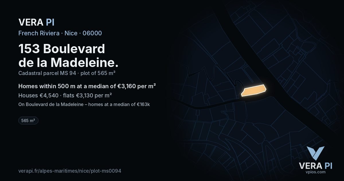 153 Boulevard de la Madeleine, Nice at night – the plot lit, the parcels around coloured by the prices near them