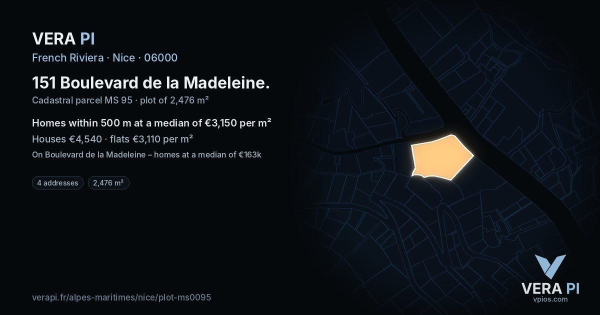 151 Boulevard de la Madeleine, Nice at night – the plot lit, the parcels around coloured by the prices near them
