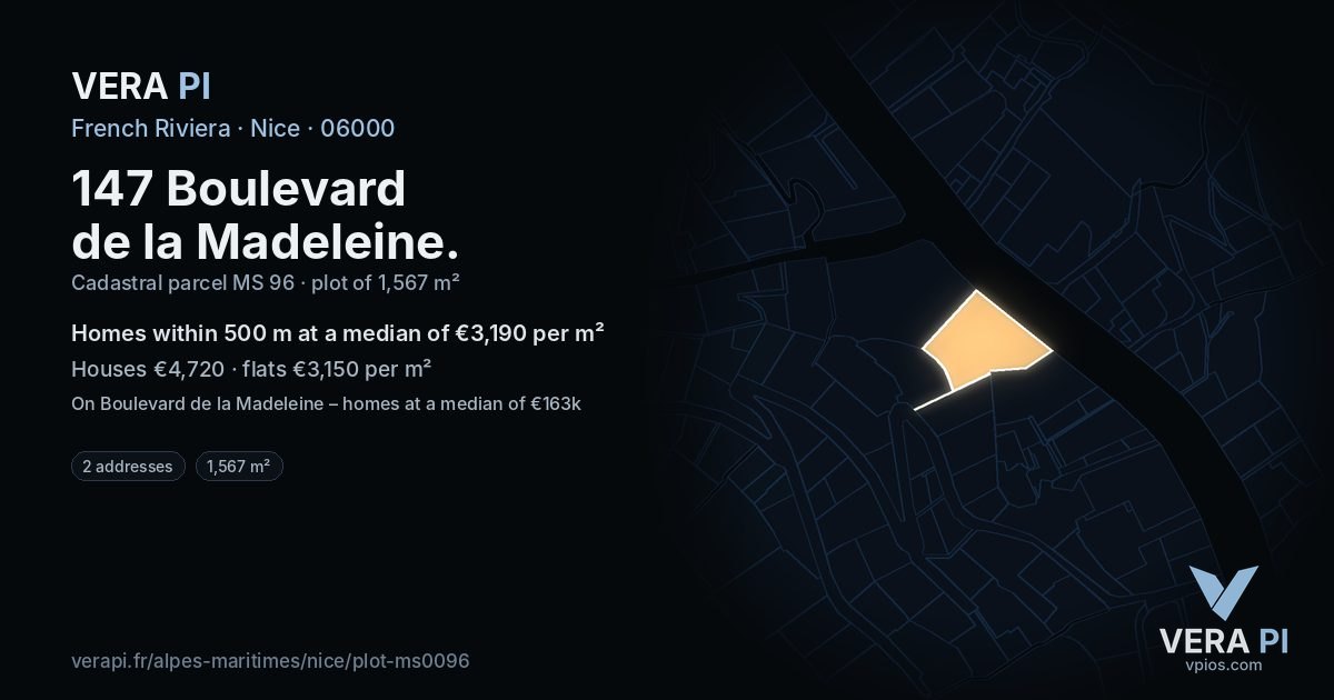 147 Boulevard de la Madeleine, Nice at night – the plot lit, the parcels around coloured by the prices near them