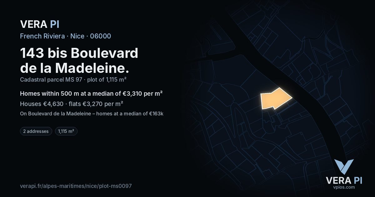 143 bis Boulevard de la Madeleine, Nice at night – the plot lit, the parcels around coloured by the prices near them