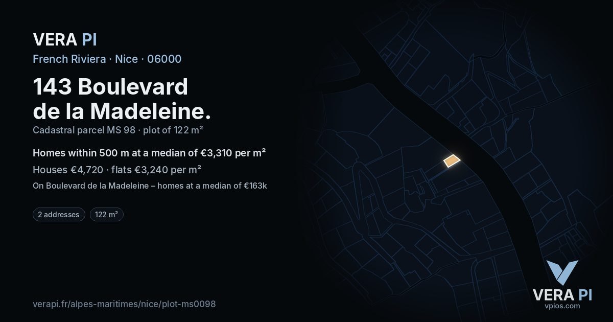 143 Boulevard de la Madeleine, Nice at night – the plot lit, the parcels around coloured by the prices near them