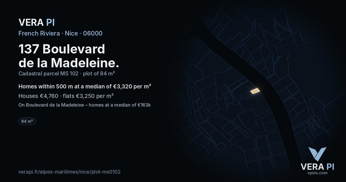 137 Boulevard de la Madeleine, Nice at night – the plot lit, the parcels around coloured by the prices near them