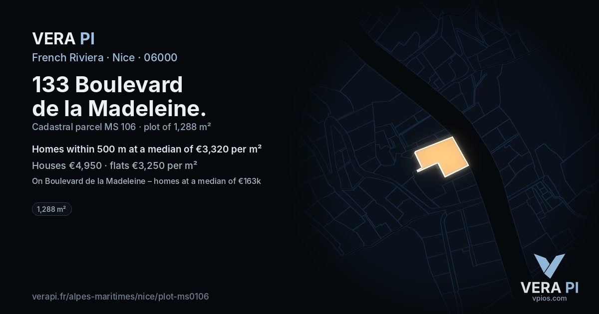 133 Boulevard de la Madeleine, Nice at night – the plot lit, the parcels around coloured by the prices near them