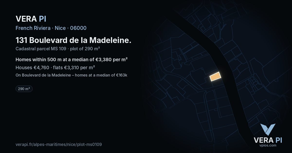 131 Boulevard de la Madeleine, Nice at night – the plot lit, the parcels around coloured by the prices near them