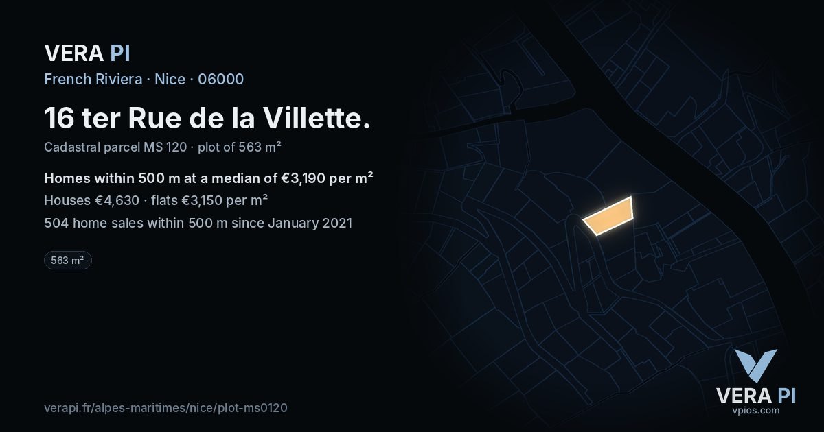 16 ter Rue de la Villette, Nice at night – the plot lit, the parcels around coloured by the prices near them