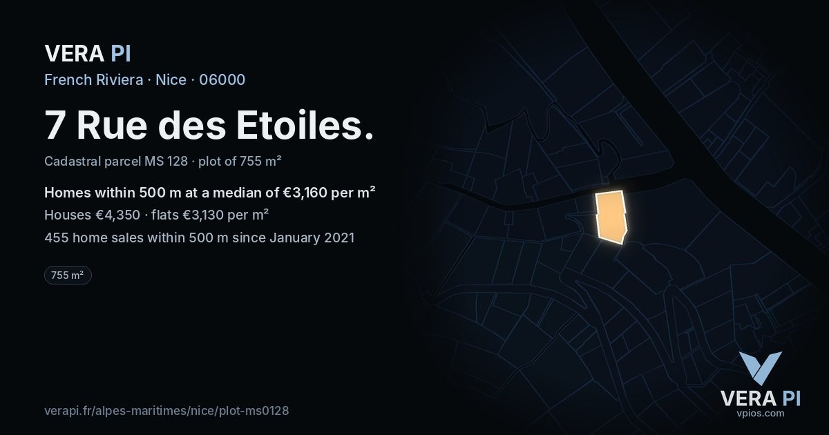 7 Rue des Etoiles, Nice at night – the plot lit, the parcels around coloured by the prices near them
