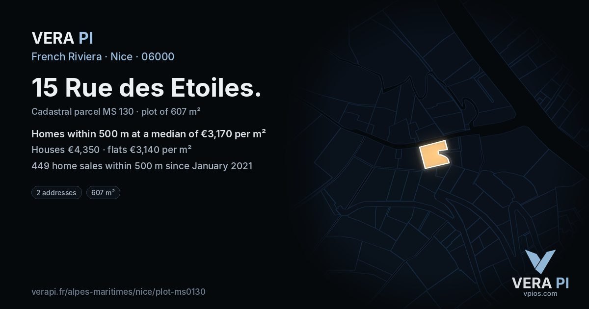15 Rue des Etoiles, Nice at night – the plot lit, the parcels around coloured by the prices near them
