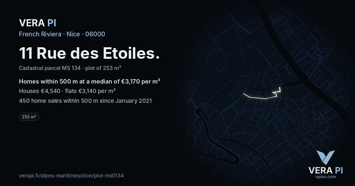 11 Rue des Etoiles, Nice at night – the plot lit, the parcels around coloured by the prices near them