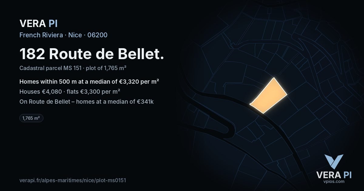 182 Route de Bellet, Nice at night – the plot lit, the parcels around coloured by the prices near them