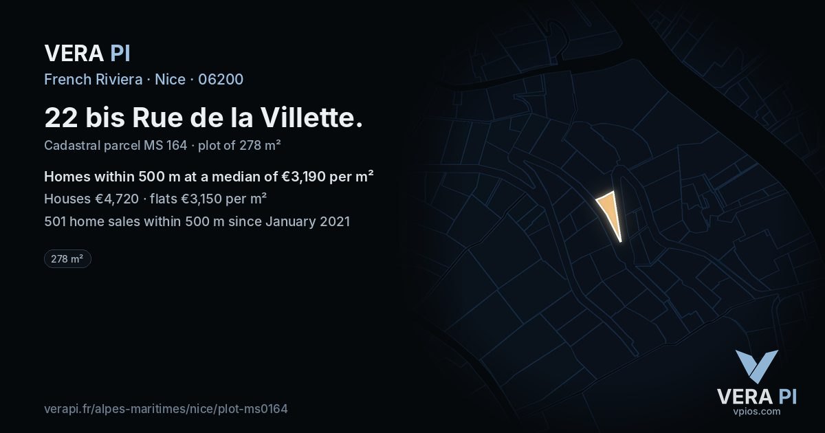 22 bis Rue de la Villette, Nice at night – the plot lit, the parcels around coloured by the prices near them