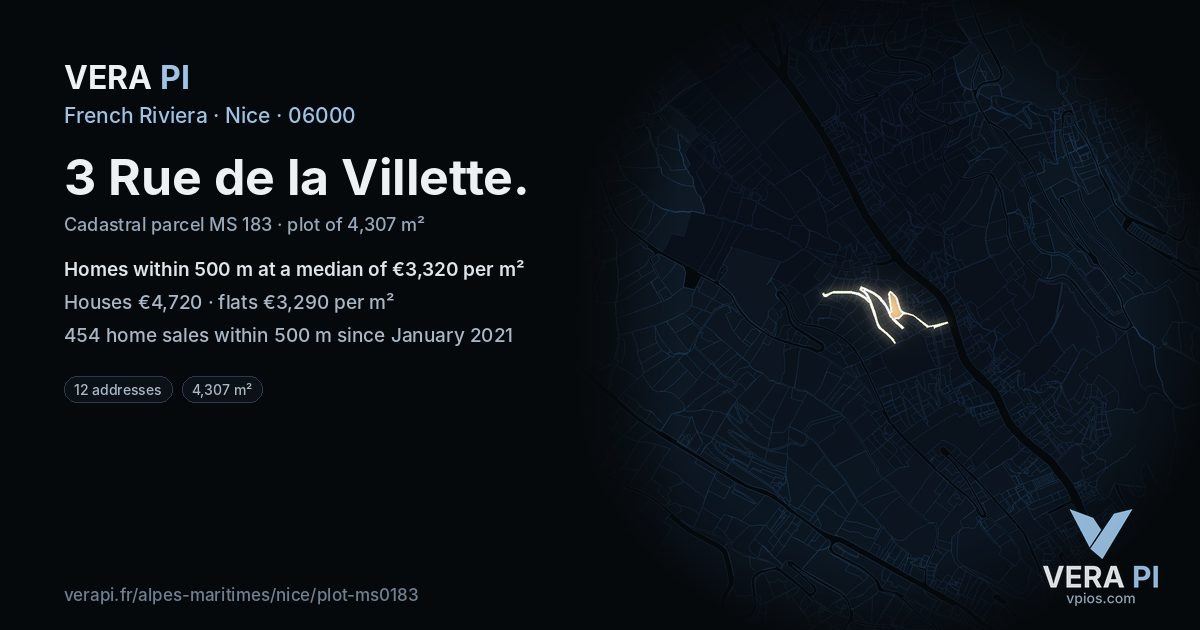 3 Rue de la Villette, Nice at night – the plot lit, the parcels around coloured by the prices near them