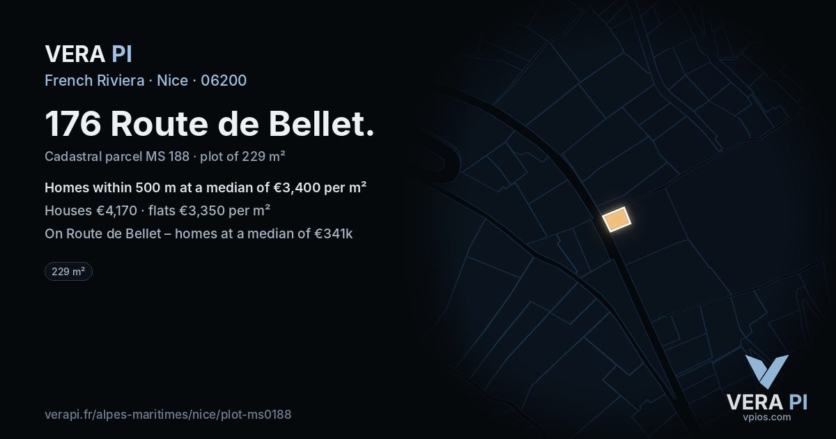 176 Route de Bellet, Nice at night – the plot lit, the parcels around coloured by the prices near them