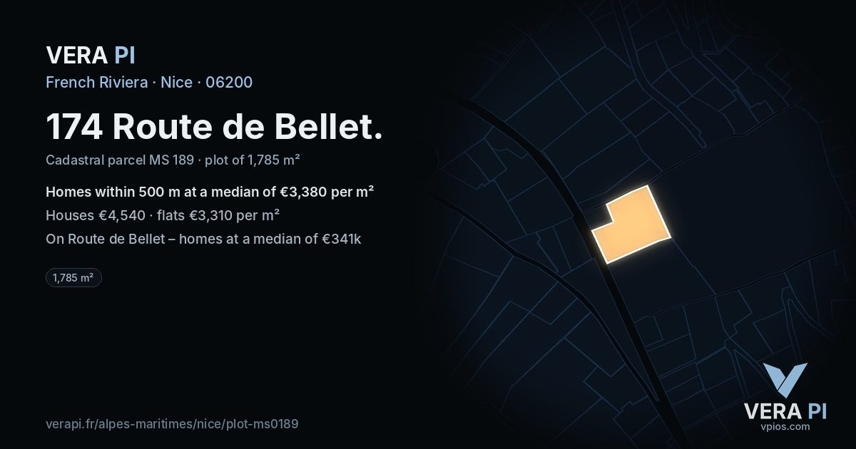 174 Route de Bellet, Nice at night – the plot lit, the parcels around coloured by the prices near them