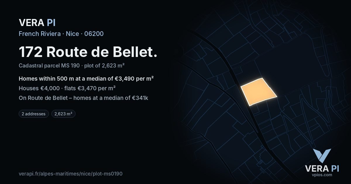172 Route de Bellet, Nice at night – the plot lit, the parcels around coloured by the prices near them