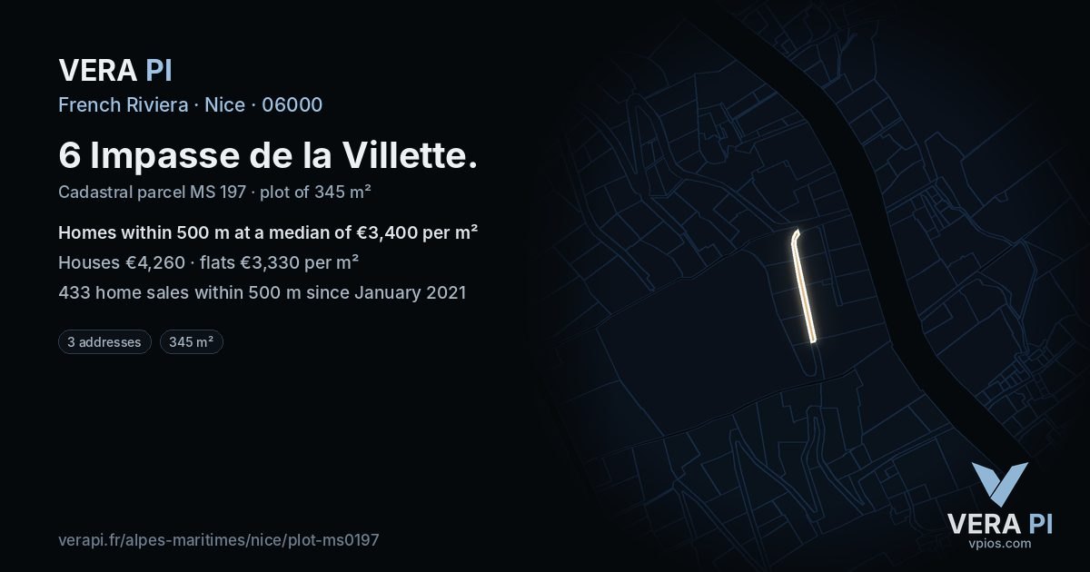 6 Impasse de la Villette, Nice at night – the plot lit, the parcels around coloured by the prices near them
