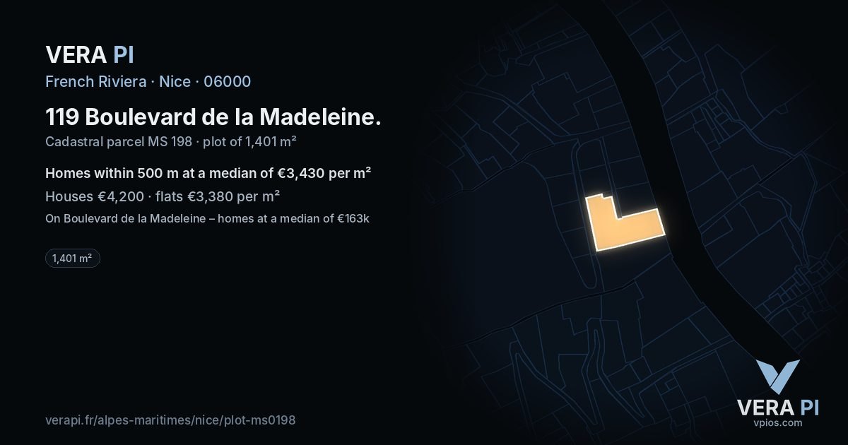 119 Boulevard de la Madeleine, Nice at night – the plot lit, the parcels around coloured by the prices near them