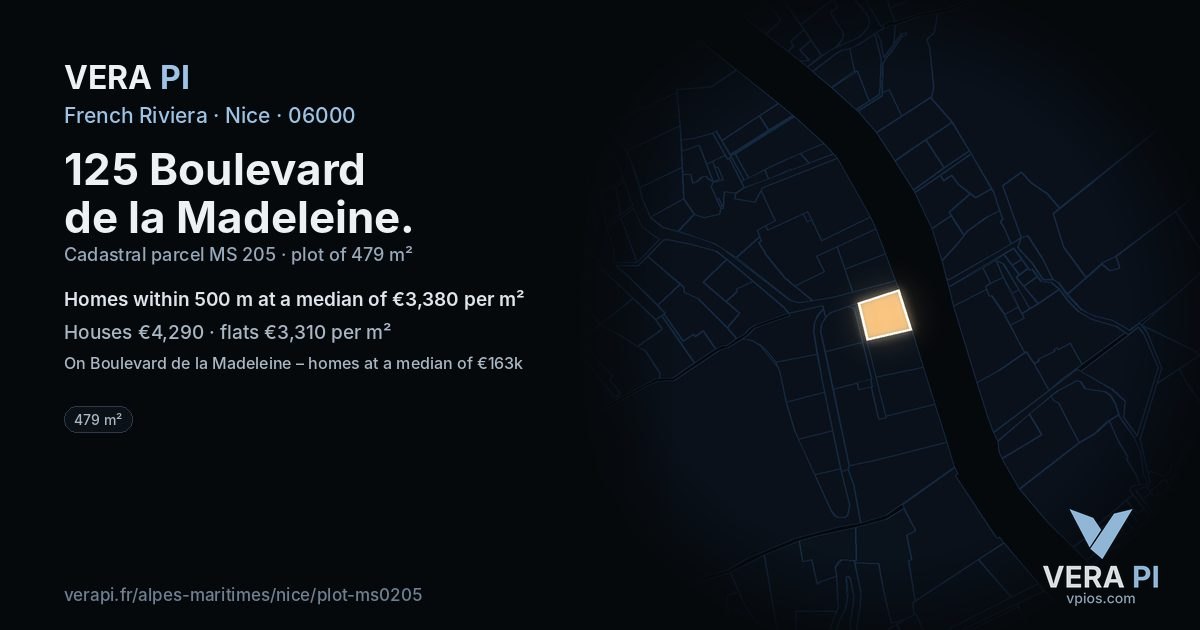 125 Boulevard de la Madeleine, Nice at night – the plot lit, the parcels around coloured by the prices near them