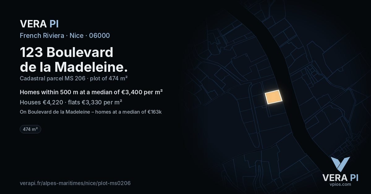 123 Boulevard de la Madeleine, Nice at night – the plot lit, the parcels around coloured by the prices near them